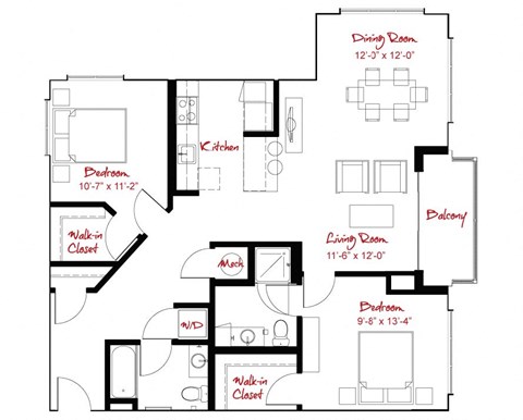 Floor plan for 2 beds, 2 baths, 1144 sqft